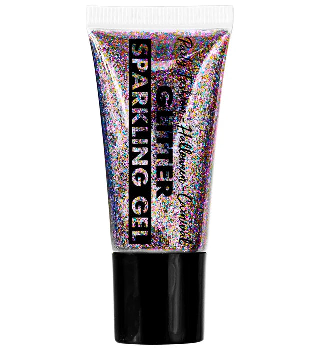 Tube mit schimmerndem Glitzer-Gel in bunten Farben, beschriftet mit ‚Sparkling Gel‘. Text: ‚Glitzer & UV-Schminke‘. Link führt zur Kategorie für Glitzer- und UV-Make-up.