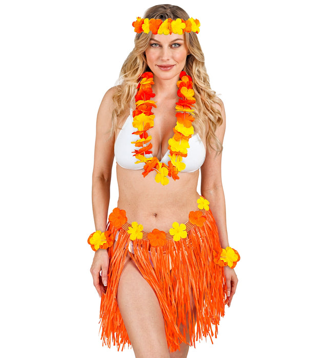 Hawaii-Set Bastrock mit Blumengürtel, Halskette, Stirnband, 2 Armbänder | Orange/Gelb