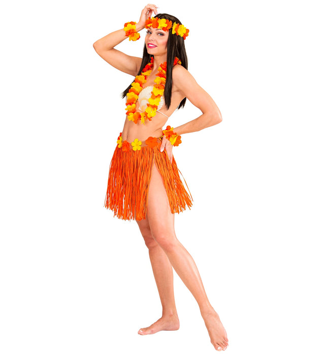 Hawaii-Set Bastrock mit Blumengürtel, Halskette, Stirnband, 2 Armbänder | Orange/Gelb