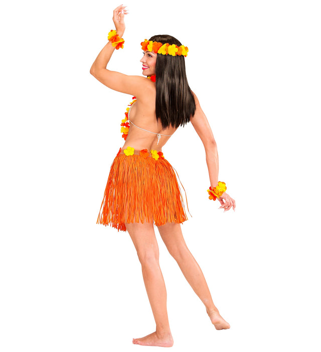 Hawaii-Set Bastrock mit Blumengürtel, Halskette, Stirnband, 2 Armbänder | Orange/Gelb