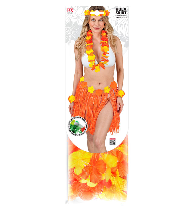 Hawaii-Set Bastrock mit Blumengürtel, Halskette, Stirnband, 2 Armbänder | Orange/Gelb