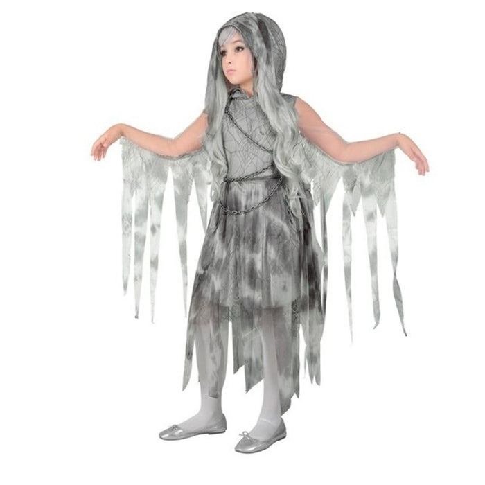 Kostüm "Ghostly Spirit in Ketten" für Mädchen | Kleid mit Kapuze und Kette - Grau