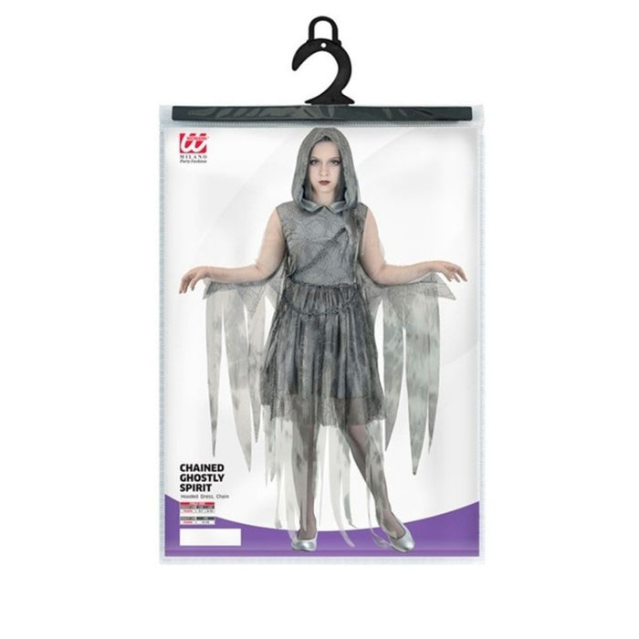 Kostüm "Ghostly Spirit in Ketten" für Mädchen | Kleid mit Kapuze und Kette - Grau
