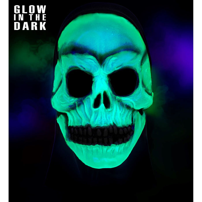 Halloween Maske "Totenkopf mit Kapuze" im Dunkeln leuchtend | Weiß Schwarz