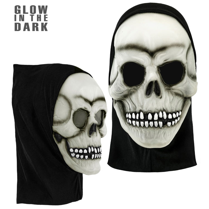 Halloween Maske "Totenkopf mit Kapuze" im Dunkeln leuchtend | Weiß Schwarz