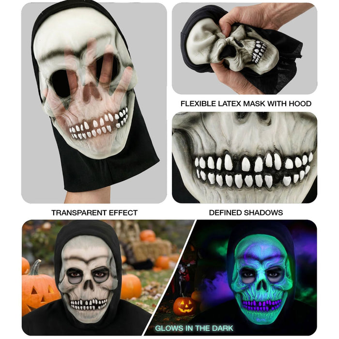 Halloween Maske "Totenkopf mit Kapuze" im Dunkeln leuchtend | Weiß Schwarz