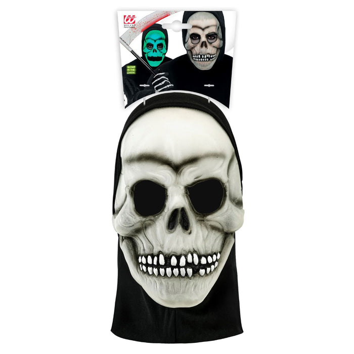 Halloween Maske "Totenkopf mit Kapuze" im Dunkeln leuchtend | Weiß Schwarz