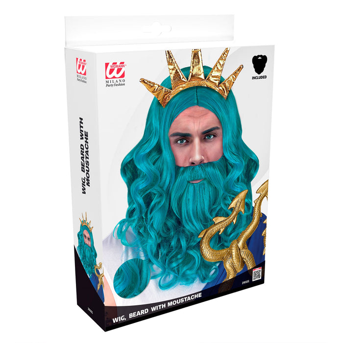 Poseidon Perücke "Neptun" mit Bart für Herren | Türkis