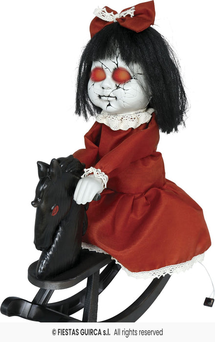 Halloween Figur "Horrorpuppe mit Schaukelpferd" | Animatronic 40cm