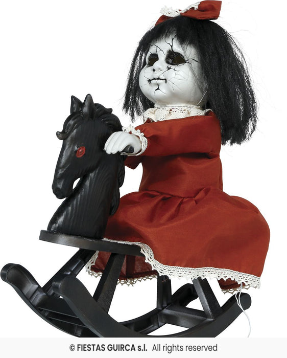 Halloween Figur "Horrorpuppe mit Schaukelpferd" | Animatronic 40cm