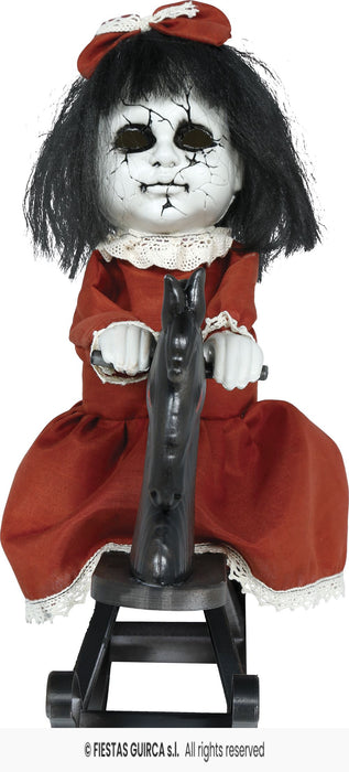 Halloween Figur "Horrorpuppe mit Schaukelpferd" | Animatronic 40cm