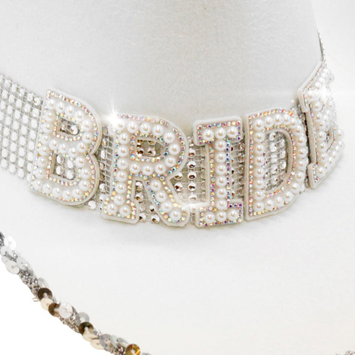 Braut Strass Cowboyhut "BRIDE" mit Perlendeko | Weiß