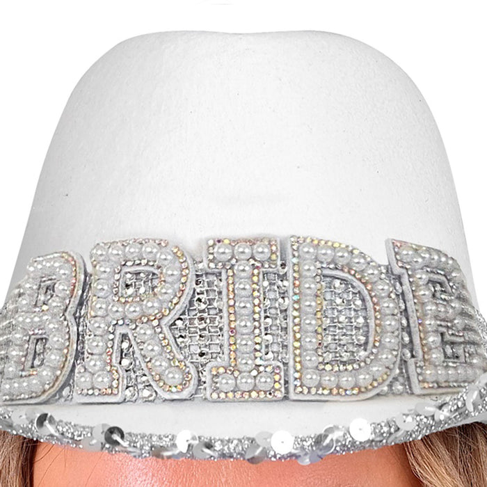 Braut Strass Cowboyhut "BRIDE" mit Perlendeko | Weiß
