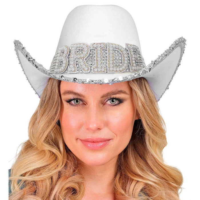 Braut Strass Cowboyhut "BRIDE" mit Perlendeko | Weiß