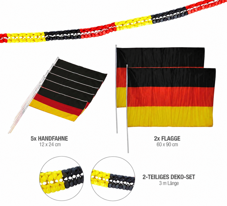 Deutschland Deko Set 9-teilig – 2x Deutschlandflagge 60x90 cm, 5x Handfahne 12x24 cm & 2x Papiergirlande 3 m – Fanartikel für Fußball, EM, WM, Public Viewing & Party