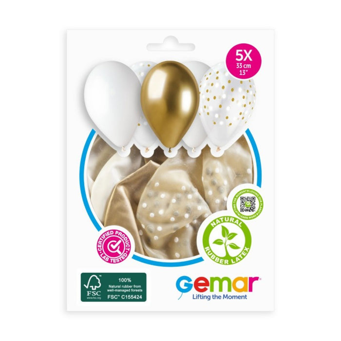 Latexballon 33 cm Golden Dots Weiß Gold | 5 Stück