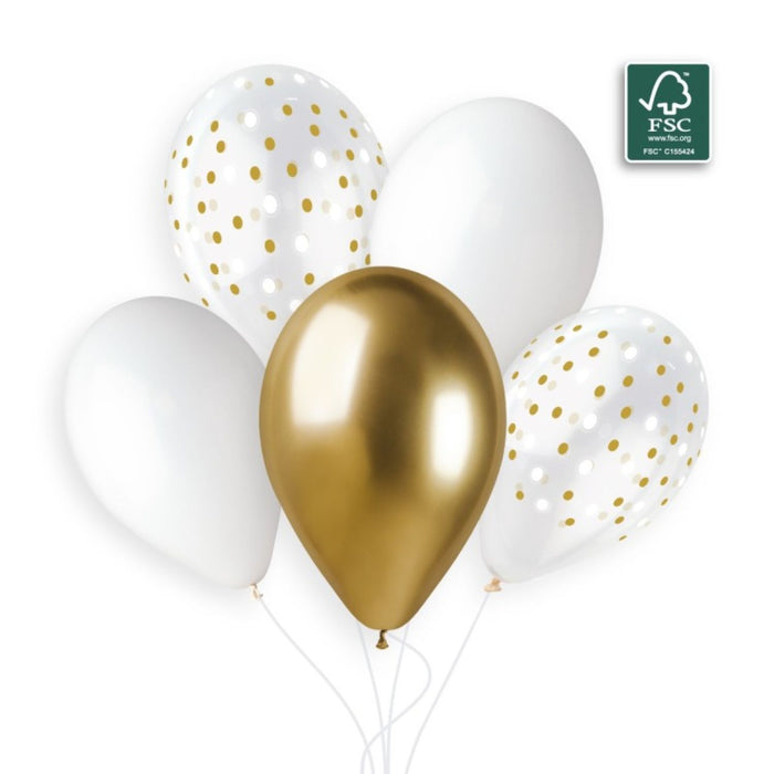 Latexballon 33 cm Golden Dots Weiß Gold | 5 Stück