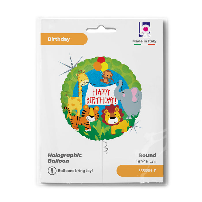 ABC18 Folienballon "Happy Birthday Dschungeltiere" Holo/Glitter | Ø 46 cm