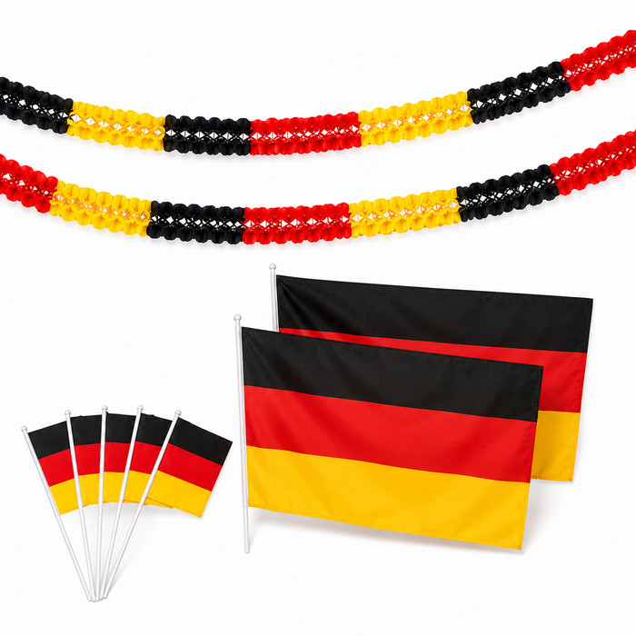 Deutschland Deko Set 9-teilig – 2x Deutschlandflagge 60x90 cm, 5x Handfahne 12x24 cm & 2x Papiergirlande 3 m – Fanartikel für Fußball, EM, WM, Public Viewing & Party