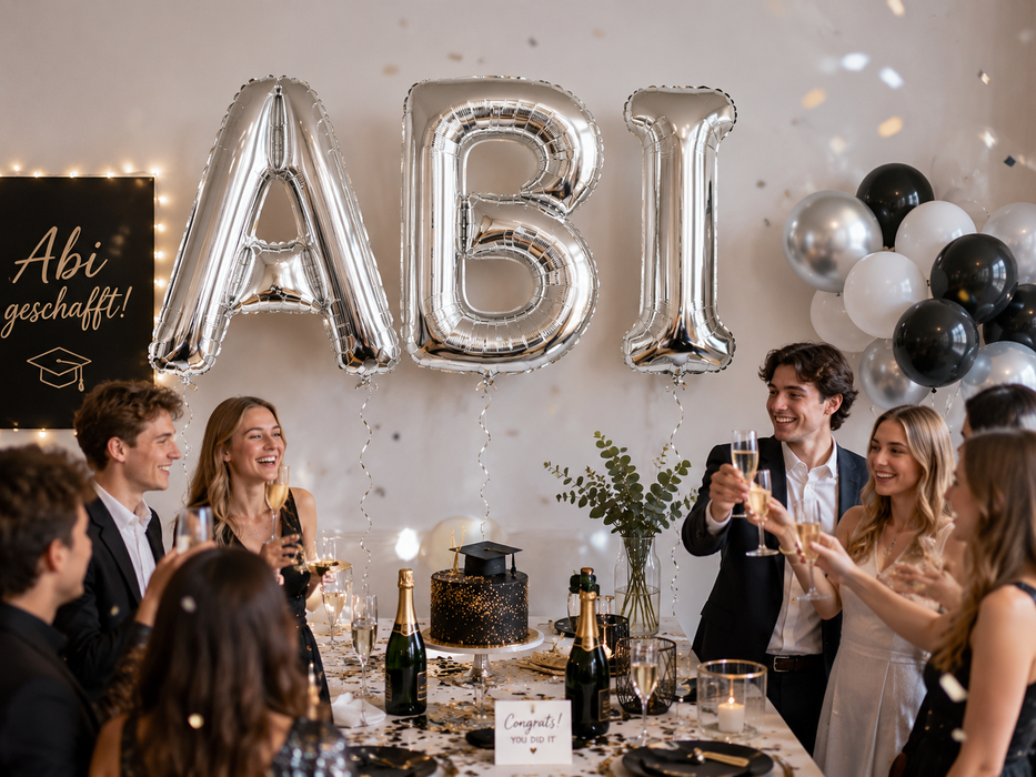 ABI Folienballon-Set Silber 66 cm – Riesenbuchstaben A+B+I | Heliumgeeignet