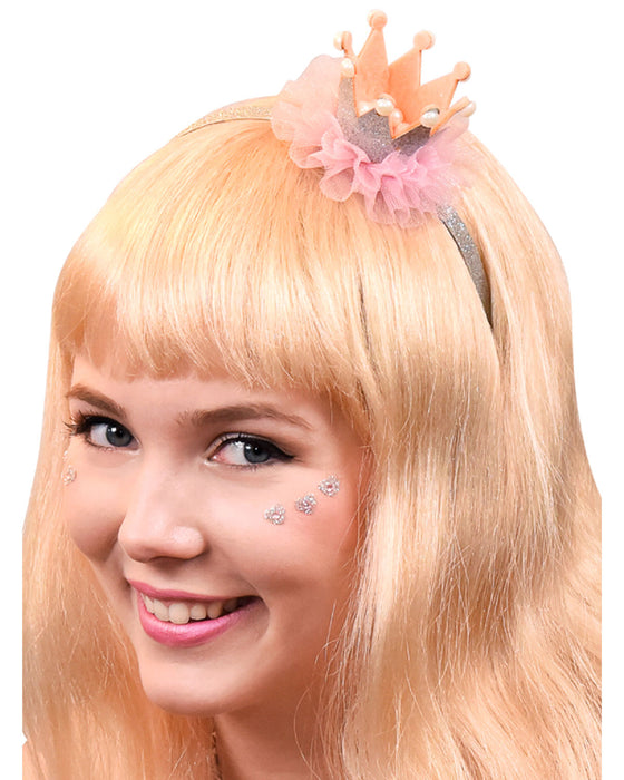 Prinzessin Glitzer Krone mit Perlen und Rüschen | Haarreif Rosa