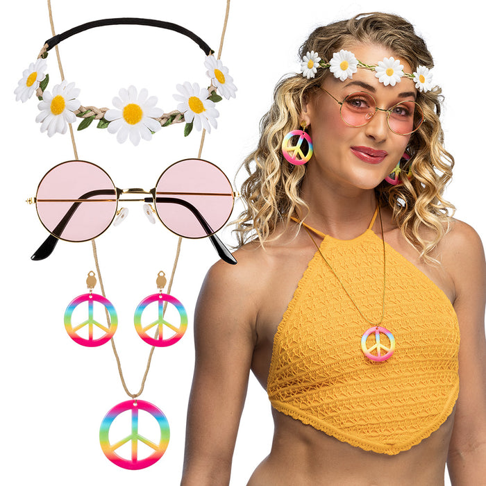 Hippie Kostüm-Set | Flower-Power Accessoires mit Blumen-Stirnband, Lennon-Brille, Peace-Kette & Ohrringen