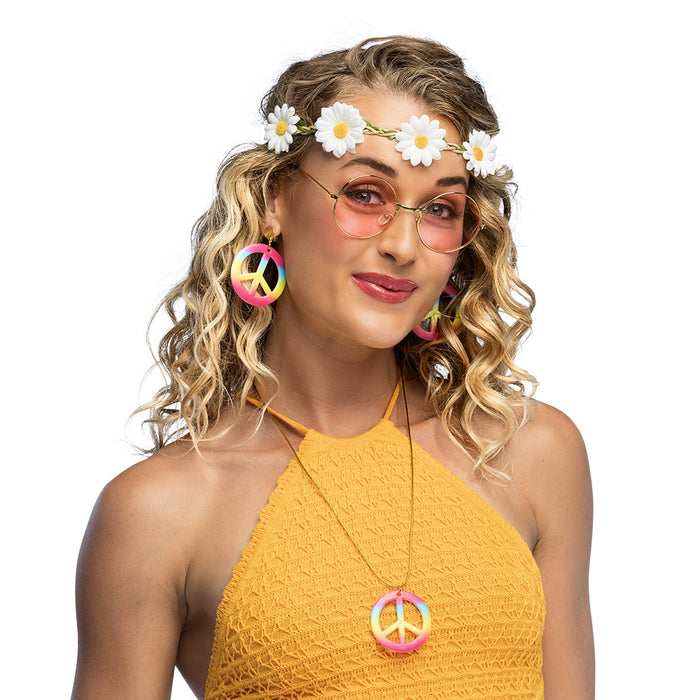 Hippie Kostüm-Set | Flower-Power Accessoires mit Blumen-Stirnband, Lennon-Brille, Peace-Kette & Ohrringen
