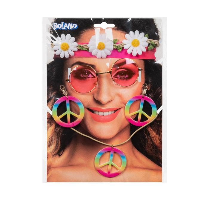 Hippie Kostüm-Set | Flower-Power Accessoires mit Blumen-Stirnband, Lennon-Brille, Peace-Kette & Ohrringen