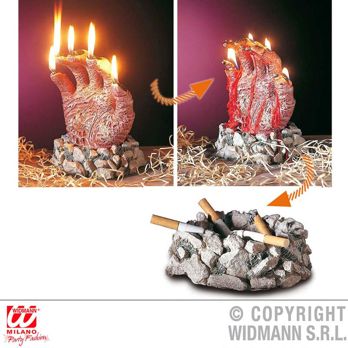 Kerze Halloween m. Aschenbecher Hand oder Grabstei