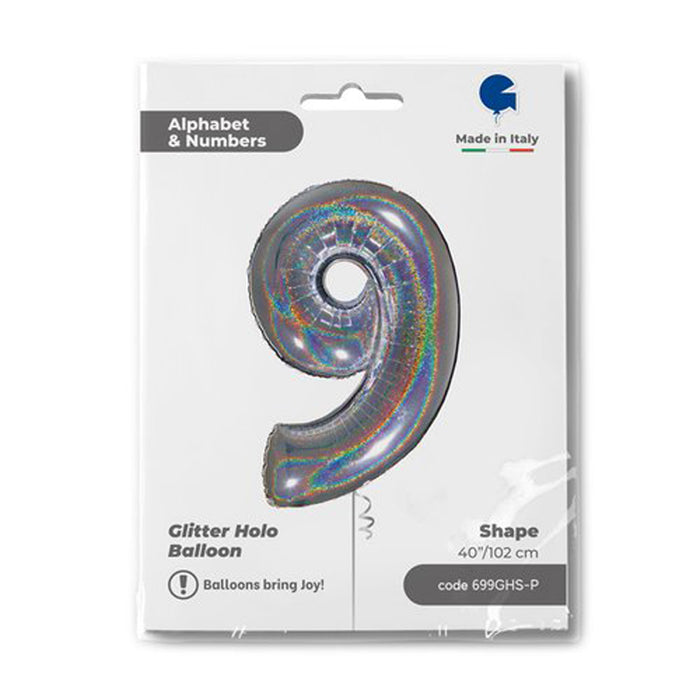 Riesenzahl Folienballon 40"/102cm | Holo Silber #9