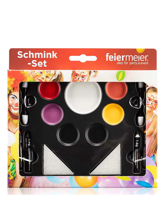 Schminkpalette mit mehreren Farben, zwei Pinseln und Schwämmchen in einer Verpackung mit dem Text ‚Schmink-Set‘. Link führt zur Kategorie für Komplett-Schminksets