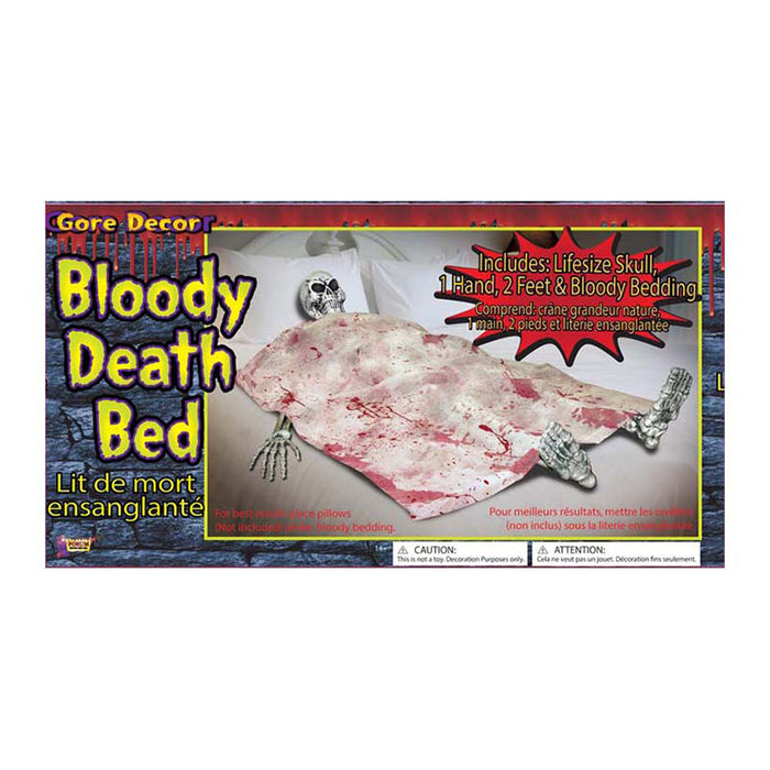 Halloween Skelett im Bett liegend  Mit blutiger Decke  Gruselige Deko für Spukhäuser, Horrorpartys & Fensterdisplay  Realistischer Schockeffekt
