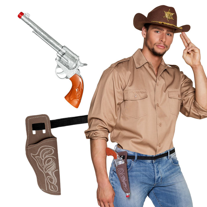 Kostüm-Set "Cowboy" 3-tlg. für Erwachsene | Spielzeug-Pistole 30 cm, Gürtel 120 cm und Halfter