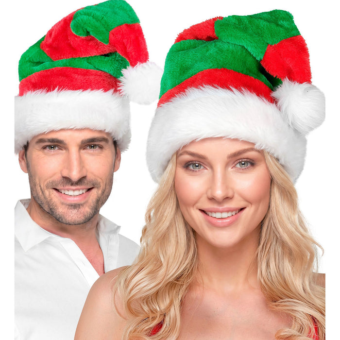 Plüsch Elfenmütze zum Weihnachtswichtel Kostüm | Rot Grün