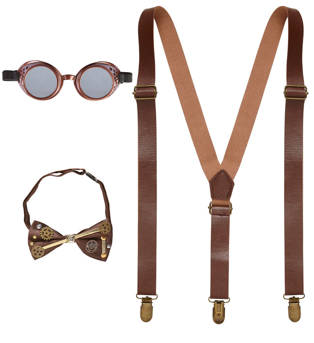 Steampunk Kostüm Set - 3-tlg. 68552 | Brille Fliege Hosenträger