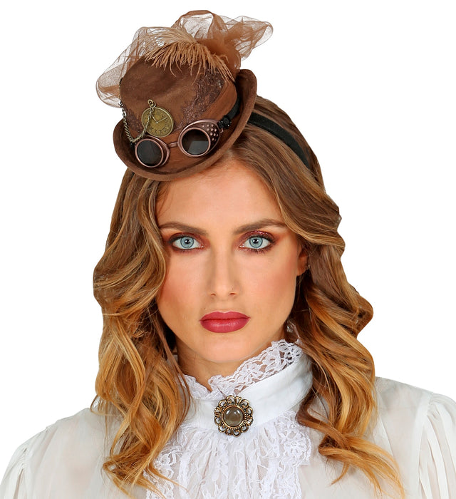 Steampunk Mini Zylinder Hut mit Brille | Braun