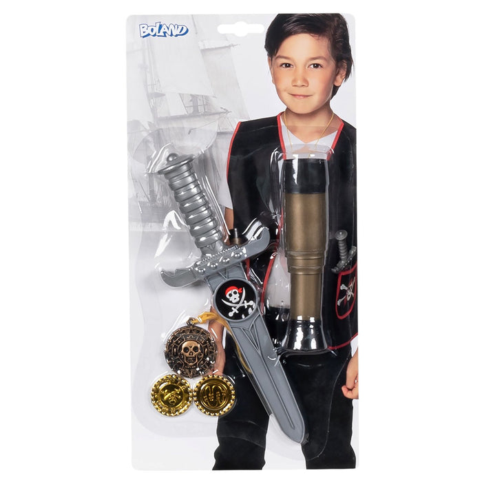 Kostüm-Set "Pirat" Zubehör | Teleskop 18 cm, Dolch 23 cm, Amulett und 2 Münzen