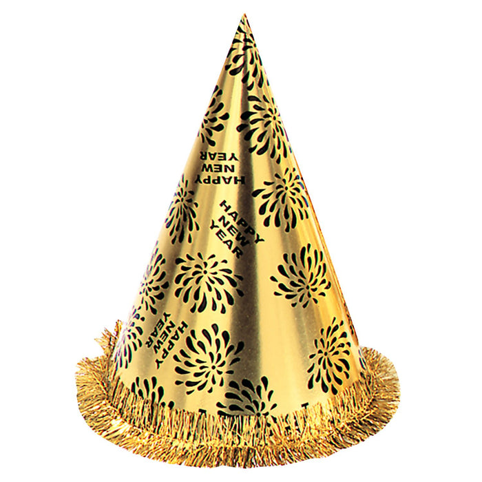 Kegelhut mit Fransen "Happy New Year" 28 cm | Gold