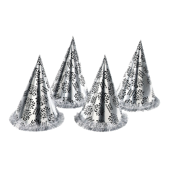 Kegelhut mit Fransen "Happy New Year" 28 cm | Silber