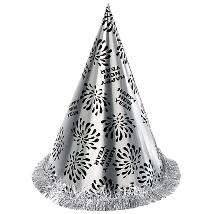 Kegelhut mit Fransen "Happy New Year" 28 cm | Silber