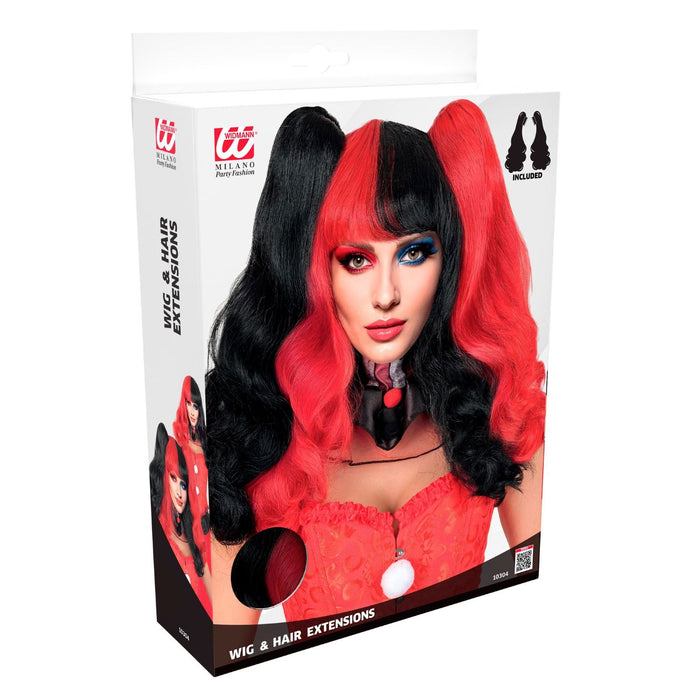 Perücke "Harlekin mit Extensions" für Damen | Schwarz Rot
