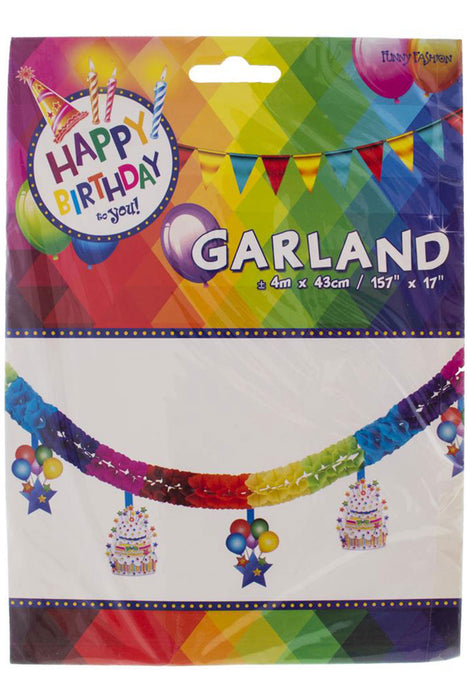„Birthday“ Girlande mit Torte 4 m | Mehrfarbig