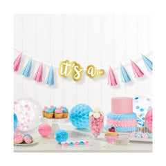 "The Big Reveal" - Quasten Girlande 240 cm Rosa Blau Dekoration für Gender Reveal