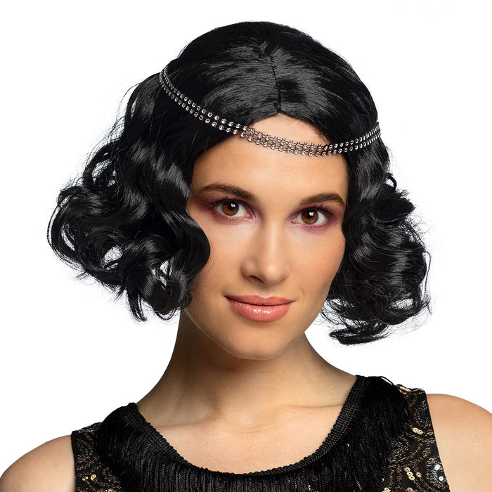 Charleston Perücke "Flapper" mit Glitzer Stirnband für Damen | Schwarz