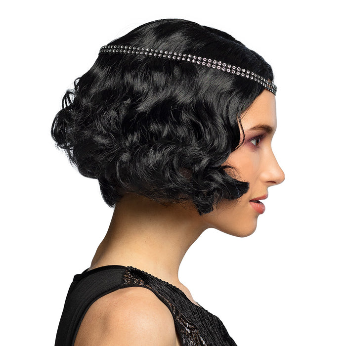 Charleston Perücke "Flapper" mit Glitzer Stirnband für Damen | Schwarz