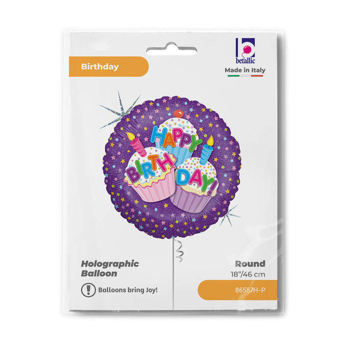 ABC18 Folienballon "Happy Birthday Cupcake" Holo | Ø 46 cm