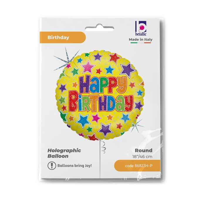 18"/Ø46cm Folienballon "Happy Birthday" Stars Holo