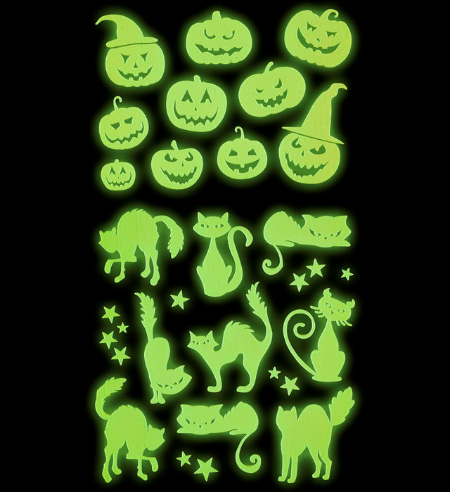 Leuchtende Halloween Deko Sticker "Kürbis und Katzen" | 21 x 15 cm