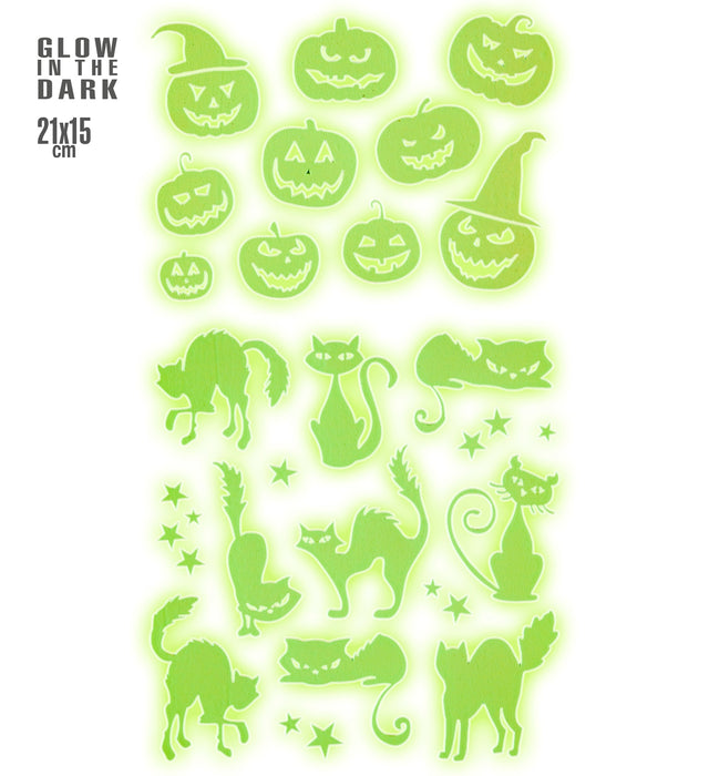 Leuchtende Halloween Deko Sticker "Kürbis und Katzen" | 21 x 15 cm