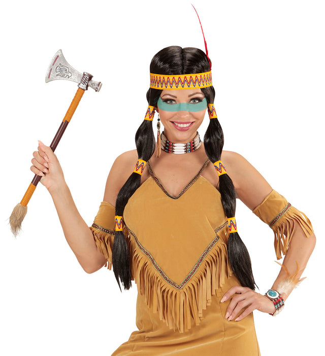 Perücke Squaw Indianerin mit Stirnband und Feder | Schwarz